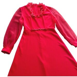 Vintage 70s Hot Pink Gown Sheer Trumpet Sleeves Ruffle Neck Beaded Maxi Dress M